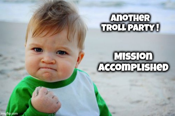 Another Troll party ! Mission accomplished | image tagged in memes,success kid original | made w/ Imgflip meme maker