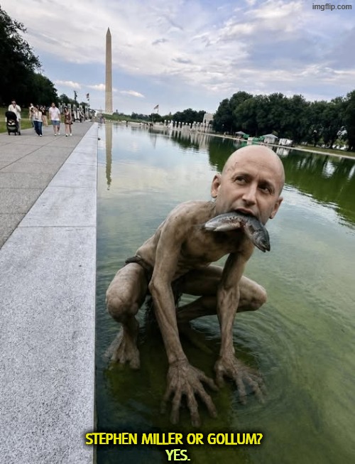 Look what got rousted by the Reflecting Pool fiasco? | Stephen Miller or Gollum? Yes. | image tagged in trump,reflecting pool,stephen miller,gollum,monster | made w/ Imgflip meme maker