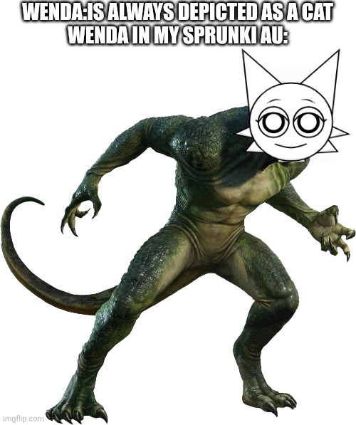 I depicted her like that because i was bored of ppl making her a cat | Wenda:is always depicted as a cat
Wenda in my sprunki AU: | image tagged in lizard the amazing spider-man villains wiki fandom,lizard,gecko | made w/ Imgflip meme maker