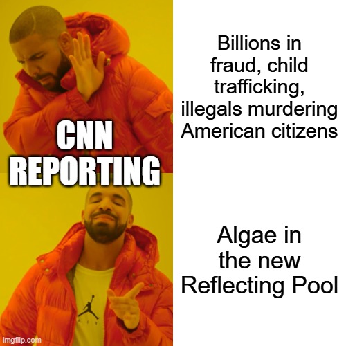 Drake Hotline Bling Meme | Billions in fraud, child trafficking, illegals murdering American citizens; CNN reporting; Algae in the new Reflecting Pool | image tagged in memes,drake hotline bling | made w/ Imgflip meme maker