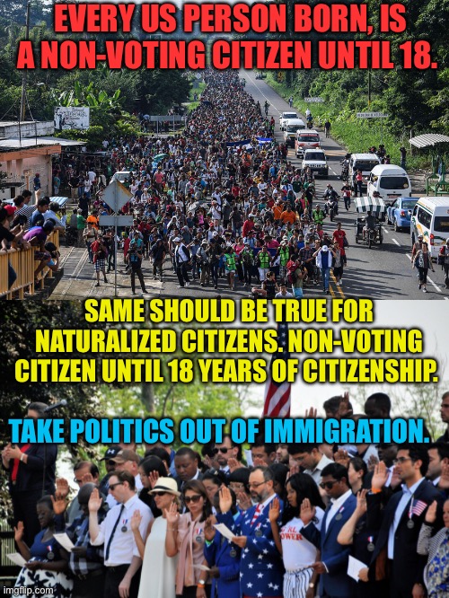 Take the politics out of immigration. | Every US person born, is a non-voting citizen until 18. Same should be true for Naturalized Citizens. Non-voting citizen until 18 years of citizenship. Take politics out of immigration. | image tagged in gifs,illegal immigration,politics | made w/ Imgflip meme maker