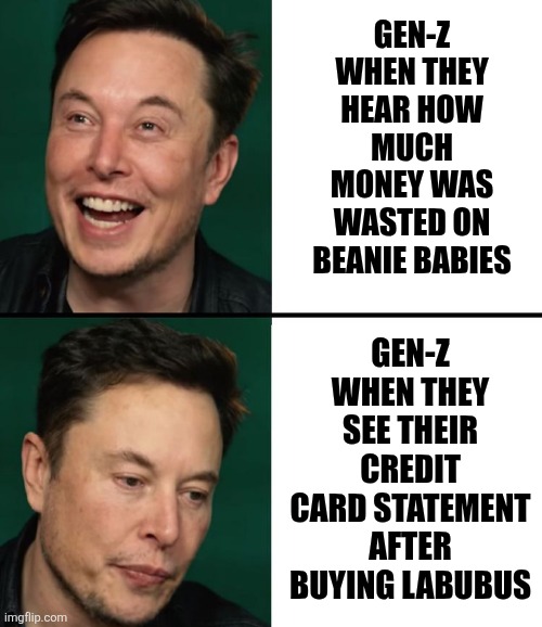 Never be quick to judge stupid things people have wasted money on in the past.... | Gen-Z when they hear how much money was wasted on beanie babies; Gen-Z when they see their credit card statement after buying Labubus | image tagged in elon laugh elon sad,waste of money,waste of time,boomer humor millennial humor gen-z humor,fading away,life lessons | made w/ Imgflip meme maker