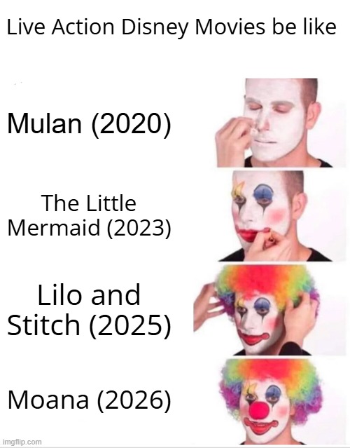 Live Action Disney is bad | Live Action Disney Movies be like; Mulan (2020); The Little Mermaid (2023); Lilo and Stitch (2025); Moana (2026) | image tagged in memes,clown applying makeup,disney,live action stinks | made w/ Imgflip meme maker
