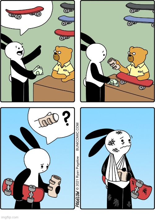 Buni Comics | image tagged in comics,buni comics,skateboard,shop,brace,injuries | made w/ Imgflip meme maker