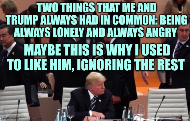 Maybe this was why | Two things that me and Trump always had in common: being always lonely and always angry; Maybe this is why i used to like him, ignoring the rest | image tagged in trump alone at g20 | made w/ Imgflip meme maker