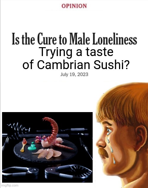 Looks neat ? | Trying a taste of Cambrian Sushi? | image tagged in is the cure to male loneliness image template,memes,food memes,history memes,lol,humor | made w/ Imgflip meme maker