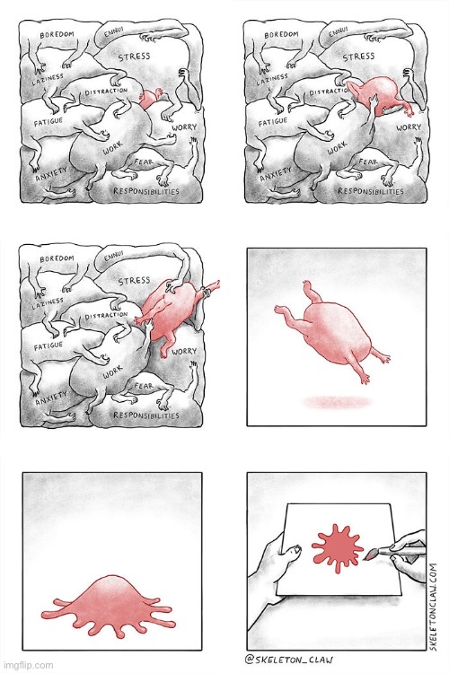 Breaking free from the humdrum parts of life | image tagged in comics,skeleton claw,worries,weighing down,breaking free,humdrum | made w/ Imgflip meme maker
