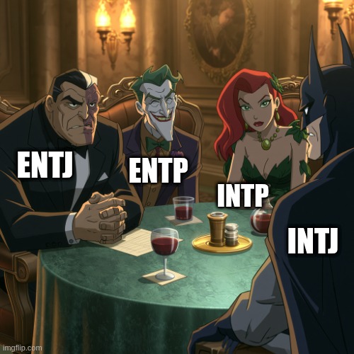Batman trying to convert his homies back from the darkside | ENTJ; ENTP; INTP; INTJ | image tagged in two face joker poison ivy batman,entj,entp,intp,intj,mbti | made w/ Imgflip meme maker