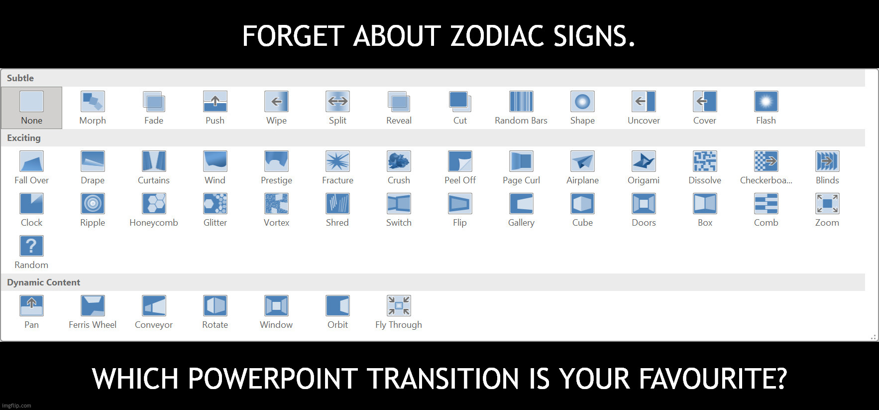 my picks: Vortex has immense aura, but Push, Cover, and Uncover are the most practical | forget about zodiac signs. which powerpoint transition is your favourite? | image tagged in memes | made w/ Imgflip meme maker
