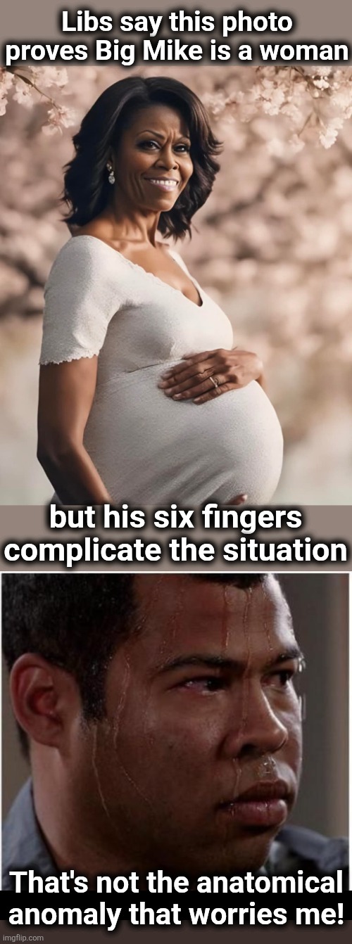 If you come for his beauty, he'll ATTACK! | Libs say this photo proves Big Mike is a woman; but his six fingers complicate the situation; That's not the anatomical
anomaly that worries me! | image tagged in ebony is worried,memes,michelle obama,democrats,transgender,artificial intelligence | made w/ Imgflip meme maker