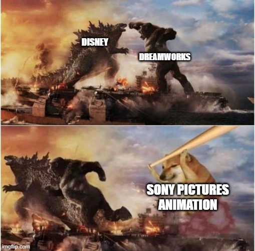 Disney vs. Dreamworks vs. Sony Pictures Animation | disney; dreamworks; Sony pictures animation | image tagged in godzilla vs kong vs doge,movies,animation,disney,dreamworks,sony | made w/ Imgflip meme maker