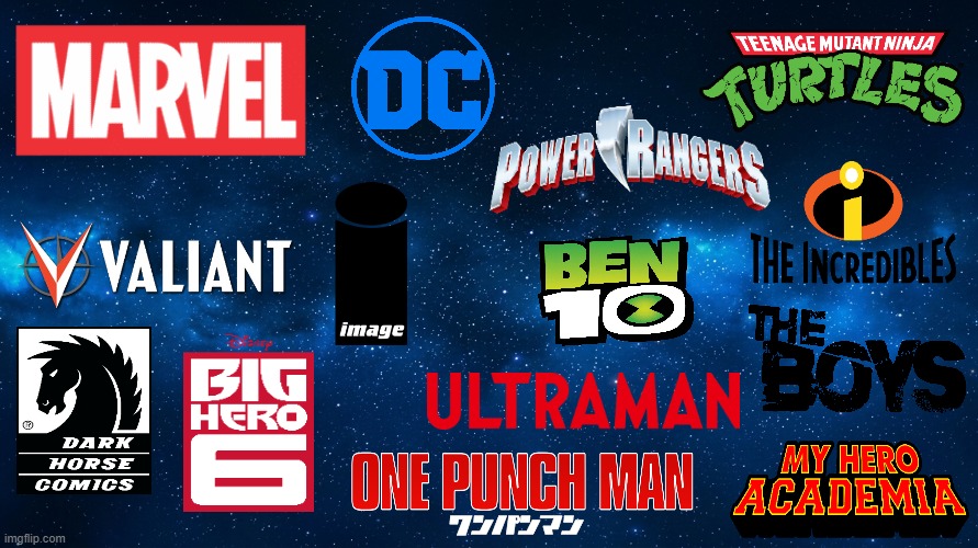 Choose which superhero universe you would like to live in. | image tagged in cinematic universe space line,superheroes,marvel,dc,power rangers,ben 10 | made w/ Imgflip meme maker