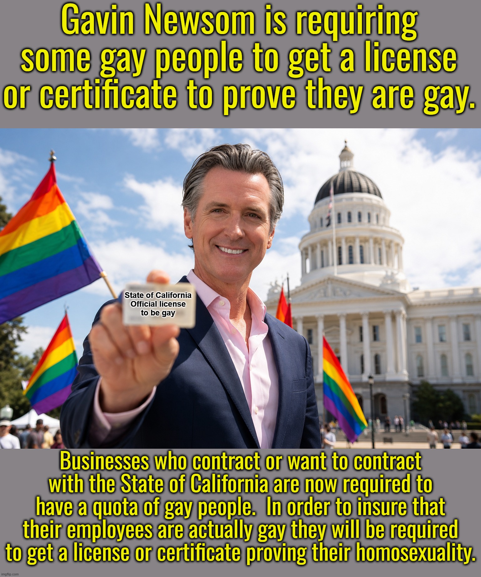 You just can't make this stuff up.  I wonder if those licenses will have pink triangles on them... What? | Gavin Newsom is requiring some gay people to get a license or certificate to prove they are gay. State of California
Official license
to be gay; Businesses who contract or want to contract with the State of California are now required to have a quota of gay people.  In order to insure that their employees are actually gay they will be required to get a license or certificate proving their homosexuality. | image tagged in license to gay,what does a gay test look like,prove it or lose it | made w/ Imgflip meme maker