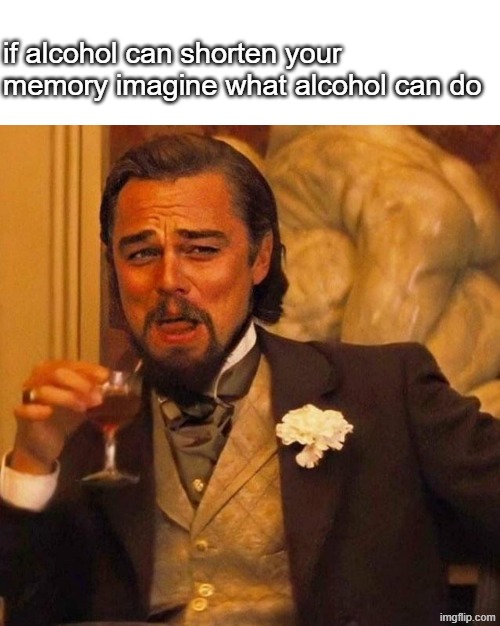 Laughing Leonardo DeCaprio Django large x | if alcohol can shorten your memory imagine what alcohol can do | image tagged in laughing leonardo decaprio django large x | made w/ Imgflip meme maker