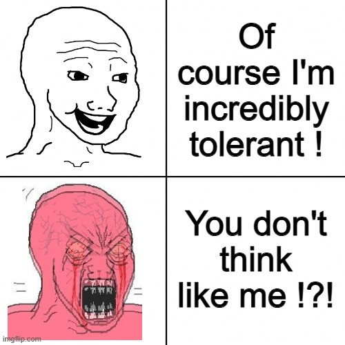Happy vs Angry Wojak | Of course I'm incredibly tolerant ! You don't think like me !?! | image tagged in happy vs angry wojak | made w/ Imgflip meme maker