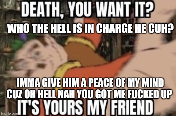 death, you want it? | Who the hell is in charge he cuh? Imma give him a peace of my mind cuz oh hell nah you got me fucked up | image tagged in death you want it | made w/ Imgflip meme maker