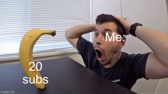 An 20 subscriber special meme(@ansondame) | 20 subs; Me: | image tagged in man shocked at banana original | made w/ Imgflip meme maker