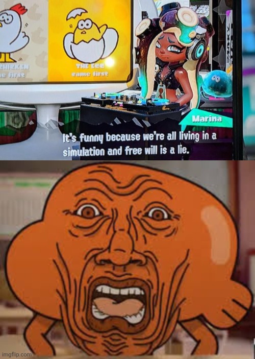 MARINA WHAT | image tagged in cursed darwin,splatoon 2,splatoon,tawog,gaming,oh wow are you actually reading these tags | made w/ Imgflip meme maker