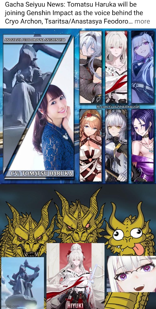 Can't wait to see the Cryo Archon Tsaritsa! | image tagged in three-headed dragon,genshin impact,wuthering waves,honkai star rail,same voice actor | made w/ Imgflip meme maker