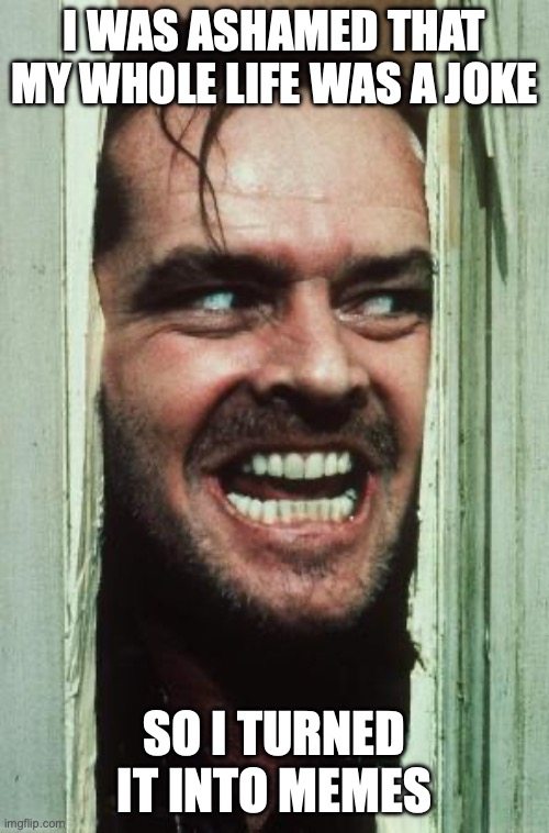 Here's Johnny Meme | I was ashamed that my whole life was a joke; so I turned it into memes | image tagged in memes,here's johnny | made w/ Imgflip meme maker