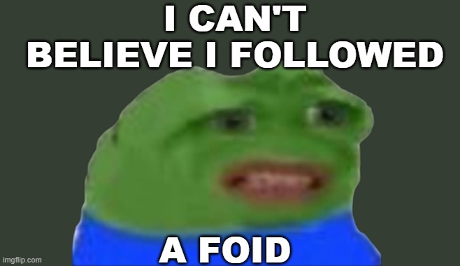 I can't believe I followed a foid | image tagged in wtf pepe | made w/ Imgflip meme maker