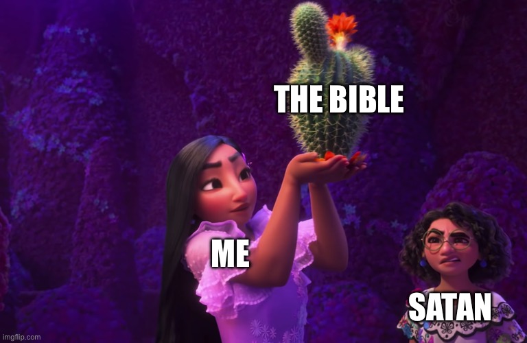 Mirabel and Isabella | The Bible; Me; Satan | image tagged in mirabel and isabella | made w/ Imgflip meme maker