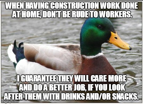 Actual Advice Mallard | WHEN HAVING CONSTRUCTION WORK DONE AT HOME, DON'T BE RUDE TO WORKERS. I GUARANTEE THEY WILL CARE MORE AND DO A BETTER JOB, IF YOU LOOK AFTER | image tagged in memes,actual advice mallard,AdviceAnimals | made w/ Imgflip meme maker