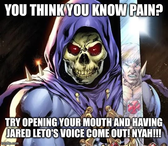 Pain is opening your mouth and having Jared Leto's voice come out. --Skeletor | You think you know pain? Try opening your mouth and having Jared Leto's voice come out! Nyah!!! | image tagged in skeletor | made w/ Imgflip meme maker