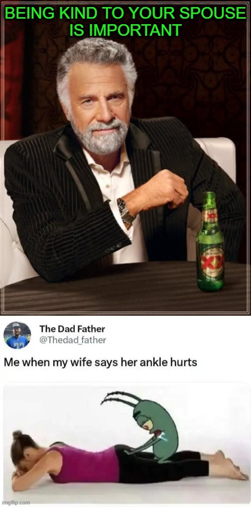 Genuine Concern | Being kind to your spouse
is important | image tagged in husband wife,pain,make it stop,kindness,the most interesting man in the world | made w/ Imgflip meme maker