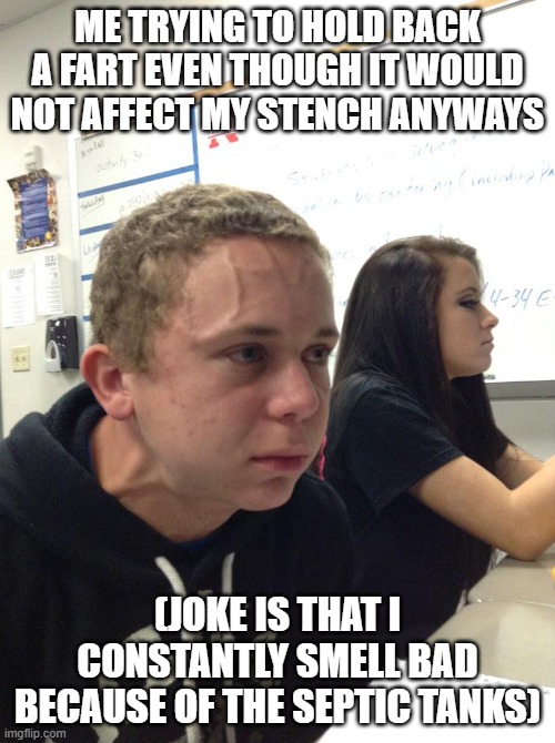 unfortunate reality | me trying to hold back a fart even though it would not affect my stench anyways; (joke is that I constantly smell bad because of the septic tanks) | image tagged in veins forehead kid,septic tank | made w/ Imgflip meme maker