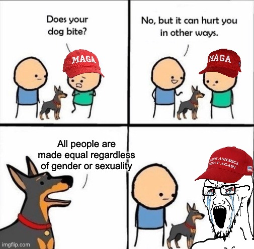Angry triggered conservative bigot | All people are made equal regardless of gender or sexuality | image tagged in does your dog bite,angry triggered conservative bigot,political meme | made w/ Imgflip meme maker
