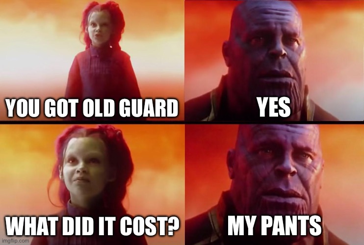 Guts and black powder in a nutshell | You got old guard; Yes; What did it cost? My pants | image tagged in thanos what did it cost,roblox,cool | made w/ Imgflip meme maker