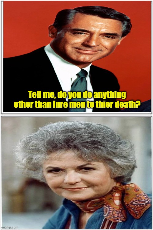 Cary and Maude together again | Tell me, do you do anything other than lure men to thier death? | image tagged in marriage,hollywood,actors | made w/ Imgflip meme maker