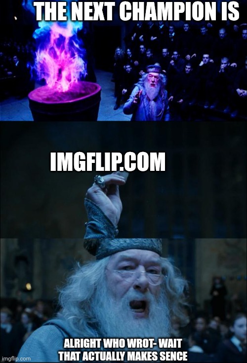 Goblet of Fire | The next champion is; Imgflip.Com; ALRIGHT WHO WROT- wait that actually makes sence | image tagged in goblet of fire | made w/ Imgflip meme maker