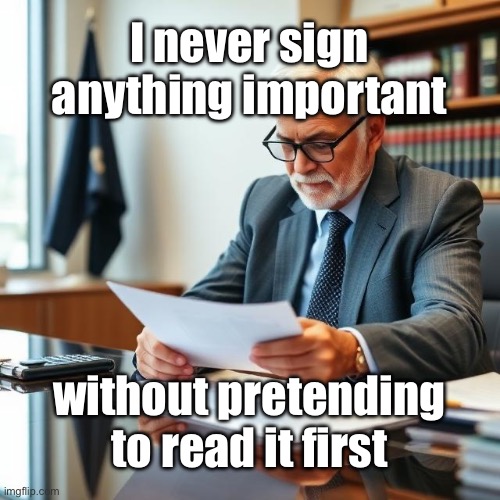 Important Papers | I never sign anything important; without pretending to read it first | image tagged in img_9732 jpeg,important,papers | made w/ Imgflip meme maker