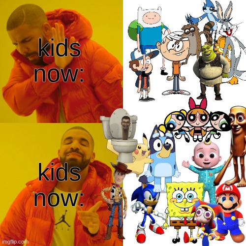 as you can see in stores, too, as u can see. it's gen alpha vs z btw | kids now:; kids now: | image tagged in drake hotline bling,gen alpha,gen z,stores | made w/ Imgflip meme maker