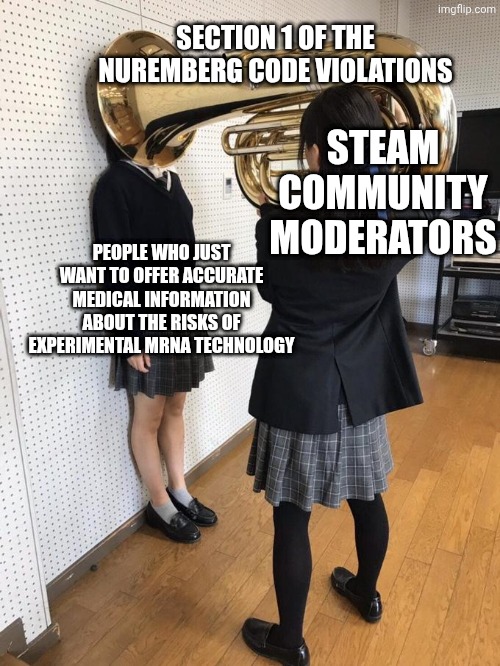 Girl Putting Tuba on Girl's Head | Section 1 of the Nuremberg code violations People who just want to offer accurate medical information about the risks of experimental mRNA t | image tagged in girl putting tuba on girl's head | made w/ Imgflip meme maker