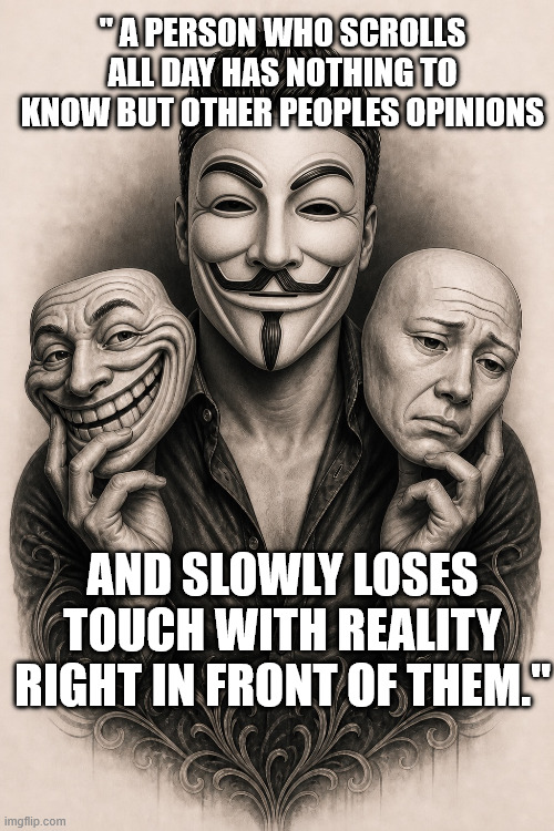 3 Faced Society | " A person who scrolls all day has nothing to know but other peoples opinions; and slowly loses touch with reality right in front of them." | image tagged in 3 faced society | made w/ Imgflip meme maker
