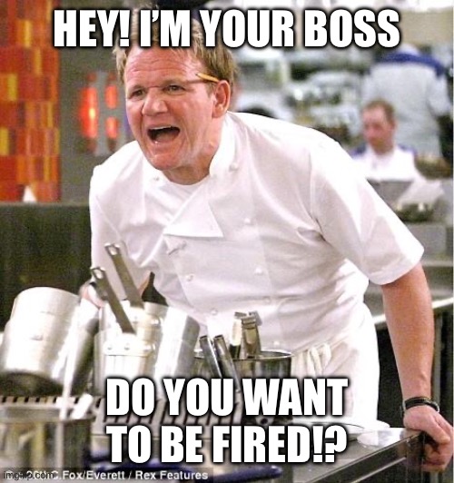 Chef Gordon Ramsay Meme | Hey! I’m your boss Do you want to be fired!? | image tagged in memes,chef gordon ramsay | made w/ Imgflip meme maker