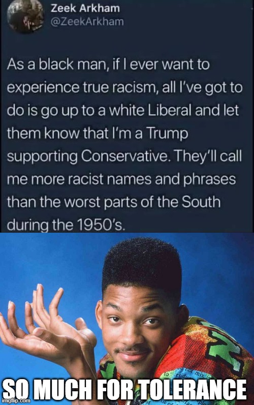 When The Mask Fell | So much for tolerance | image tagged in 6de5bfba8083e910672a3341cf3fabb1329492b265054fc5253a00e96a1c3338,will smith shrug,politics,memes | made w/ Imgflip meme maker