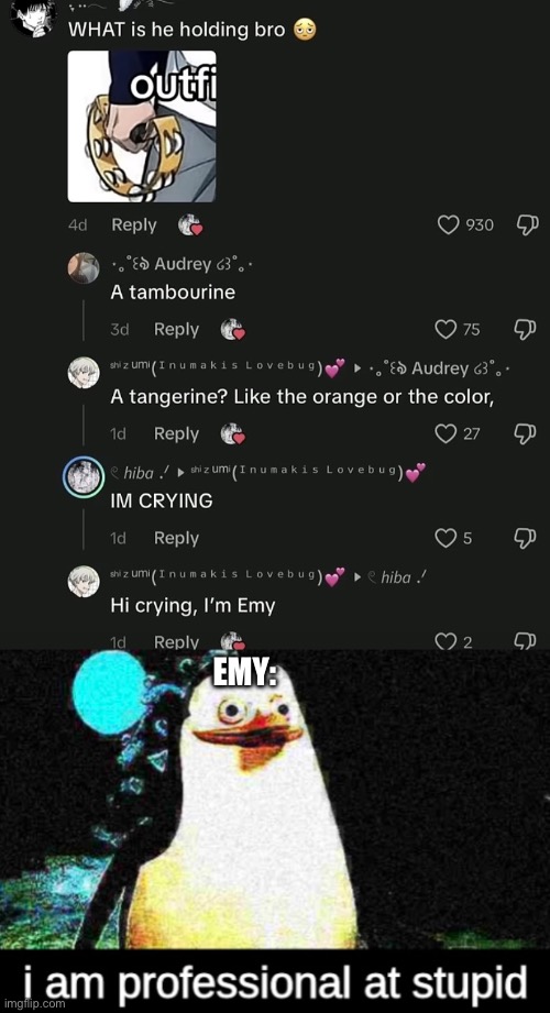 how did you even come up with tangerine bro? | Emy: | image tagged in madagascar,penguins of madagascar,comments,stupid people,memes,funny | made w/ Imgflip meme maker