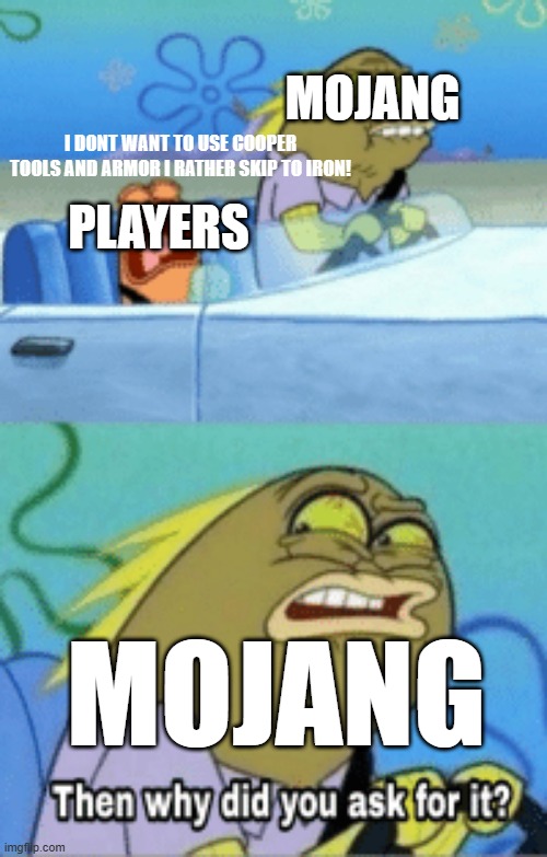 Lmao | Mojang; I DONT WANT TO USE COOPER TOOLS AND ARMOR I RATHER SKIP TO IRON! Players; Mojang | image tagged in then why did you ask for it,mojang,minecraft,minecraft memes,microsoft,xbox | made w/ Imgflip meme maker