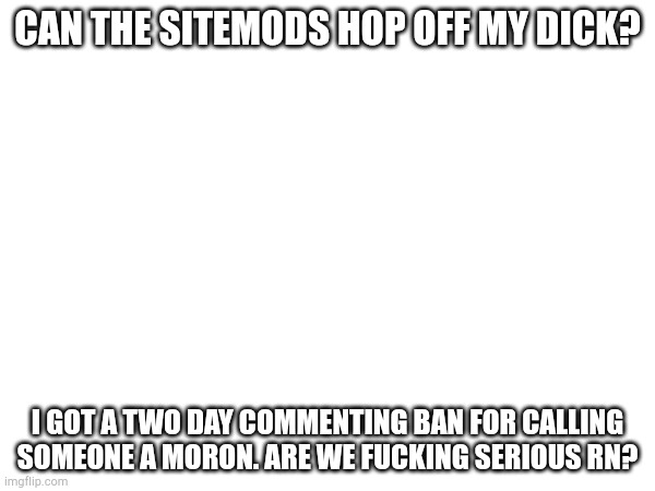 Message to sitemods: Fuck off pls & ty | Can the sitemods hop off my dick? I got a two day commenting ban for calling someone a moron. Are we fucking serious rn? | image tagged in sitemods,outrage,ban | made w/ Imgflip meme maker