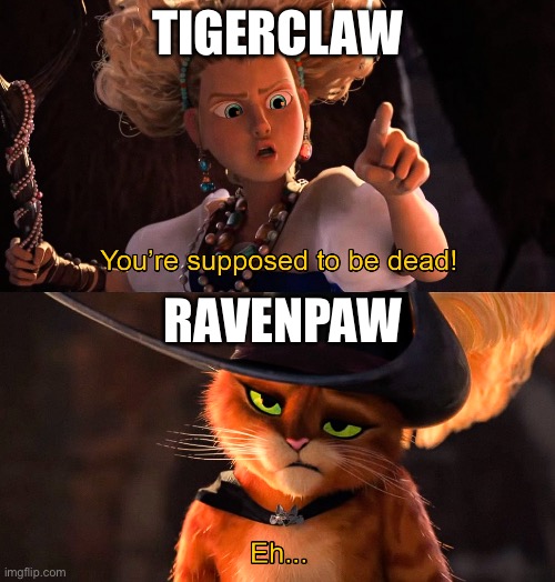 Boom | Tigerclaw; ravenpaw | image tagged in you're supposed to be dead | made w/ Imgflip meme maker
