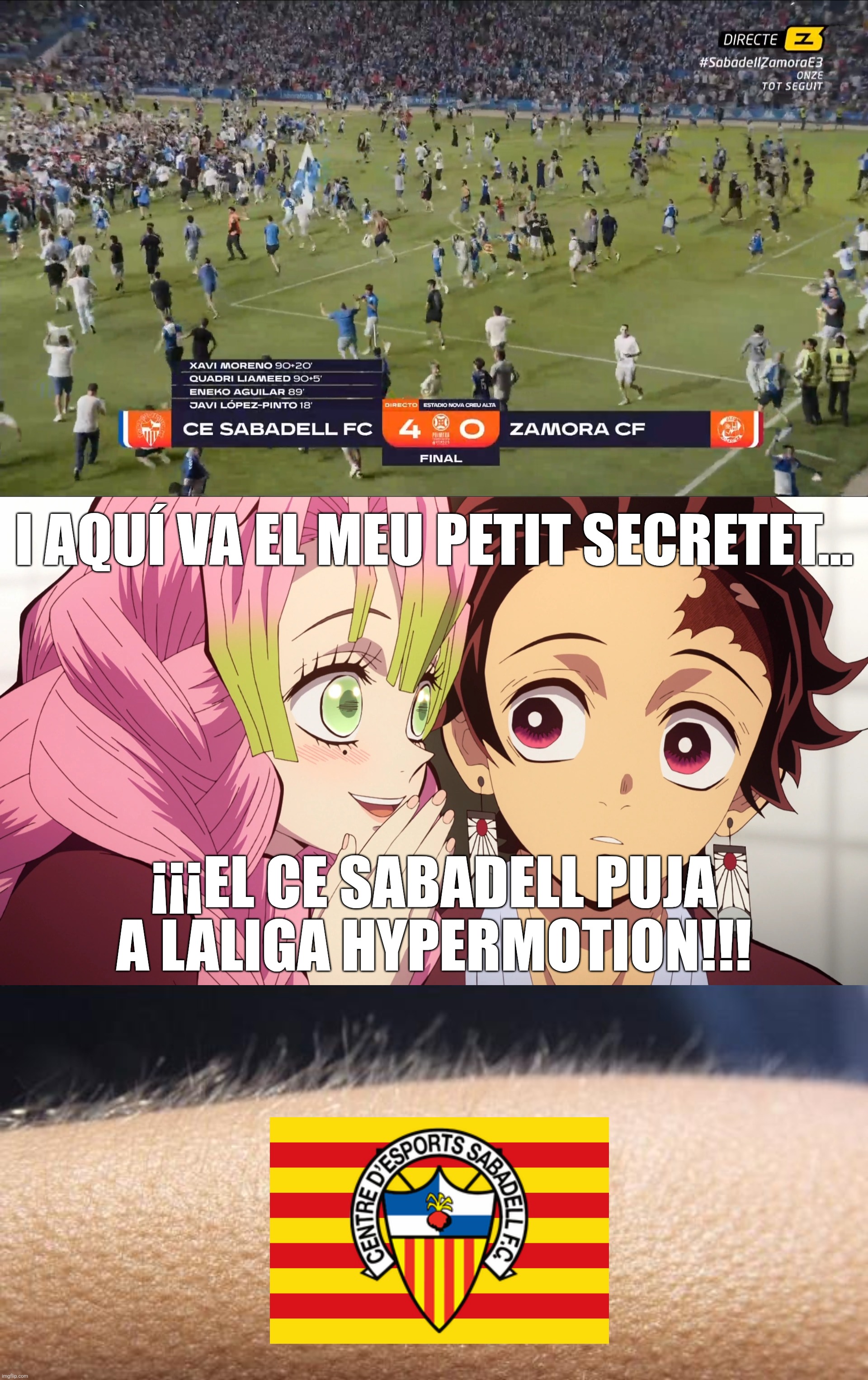 Enhorabona al CE Sabadell i benvingut a LALIGA HYPERMOTION. | I aquí va el meu petit secretet... ¡¡¡El CE Sabadell puja a LALIGA HYPERMOTION!!! | image tagged in kanroji mitsuri whispers to kamado tanjiro,whisper and goosebumps,sabadell,memes,sports,demon slayer | made w/ Imgflip meme maker