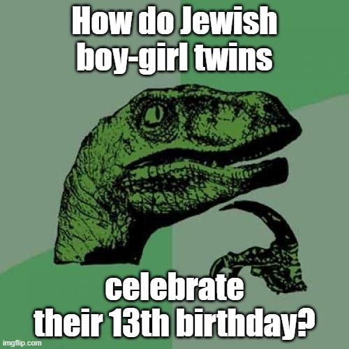 This just randomly popped up in my head. | How do Jewish boy-girl twins; celebrate their 13th birthday? | image tagged in memes,philosoraptor,twins,gender,jewish,birthday | made w/ Imgflip meme maker