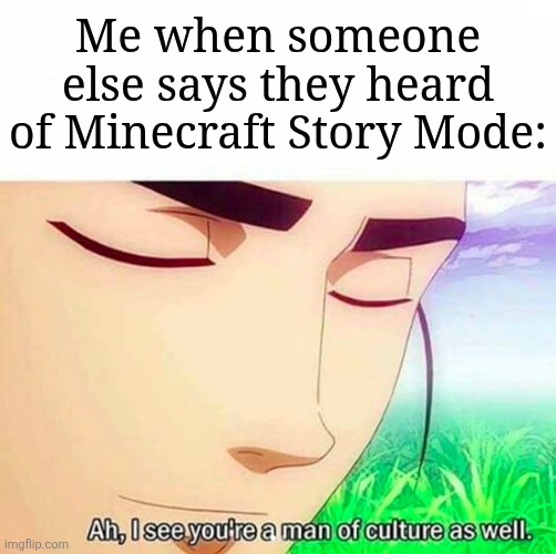 I know I'm not actually the only one | Me when someone else says they heard of Minecraft Story Mode: | image tagged in ah i see you are a man of culture as well,memes,funny,minecraft,minecraft story mode,haha | made w/ Imgflip meme maker