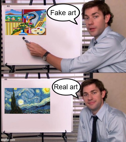 Jim Halpert Pointing to Whiteboard | Fake art; Real art | image tagged in jim halpert pointing to whiteboard | made w/ Imgflip meme maker