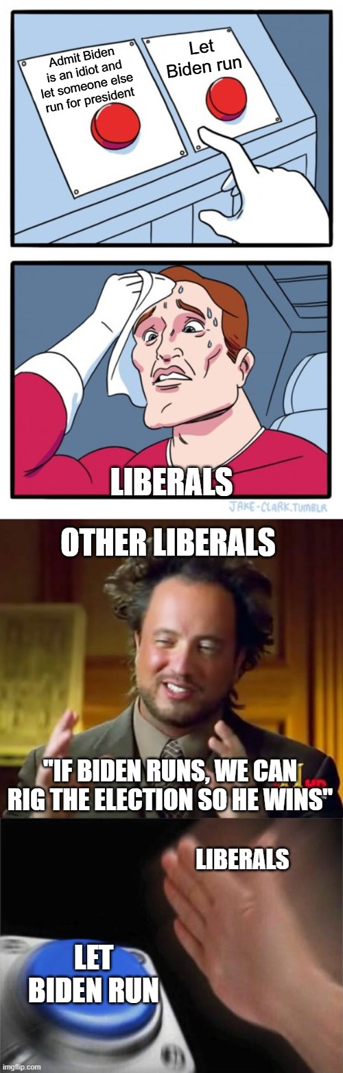 Let Biden run; Admit Biden is an idiot and let someone else run for president; Liberals; other liberals; "If Biden runs, we can rig the election so he wins"; liberals; let biden run | image tagged in memes,two buttons,ancient aliens,blank nut button | made w/ Imgflip meme maker
