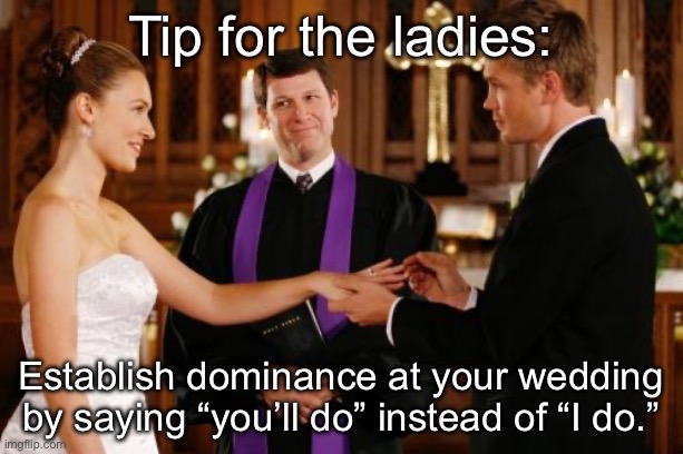 Wedding tips for brides | Tip for the ladies:; Establish dominance at your wedding by saying “you’ll do” instead of “I do.” | image tagged in wedding altar,ladies,tip,marriage,domination | made w/ Imgflip meme maker
